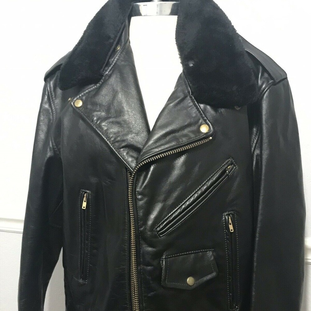 Vintage 1970s Black Motorcycle Jacket, Mens 44 XL